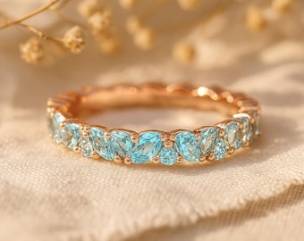 Delicate Aquamarine Eternity Band, 14K Gold Full Stacking Ring, March Birthstone Wedding Band, Dainty Blue Gemstone Her Anniversary Gift
