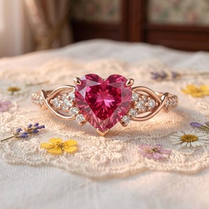 May include: A rose gold ring featuring a large, heart-shaped pink gemstone. The band has a delicate, intertwined design with small, clear accent stones. The ring is set against a backdrop of lace and dried flowers.