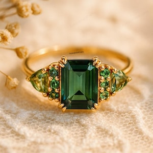 Emerald Cut Green Amethyst Peridot Ring 18K Yellow Gold Engagement Ring Art Deco Green Gemstone Jewelry Bridal Statement Ring Gift for Women