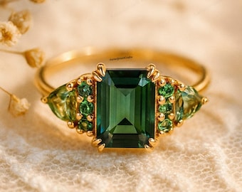 Emerald Cut Green Amethyst Peridot Ring 18K Yellow Gold Engagement Ring Art Deco Green Gemstone Jewelry Bridal Statement Ring Gift for Women