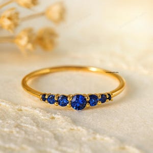 Blue Sapphire Dainty Ring, 18K Gold Wedding Band, September Birthstone Engagement Matching Jewelry Minimalist Sapphire Stacking Ring For Her