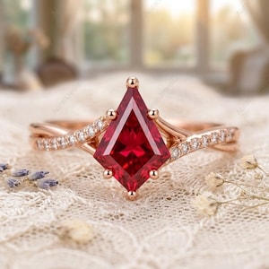 Kite Cut Ruby Engagement Ring Rose Gold Art Deco Red Gemstone Wedding Ring for Women Unique Geometric Promise Ring July Birthstone Gift