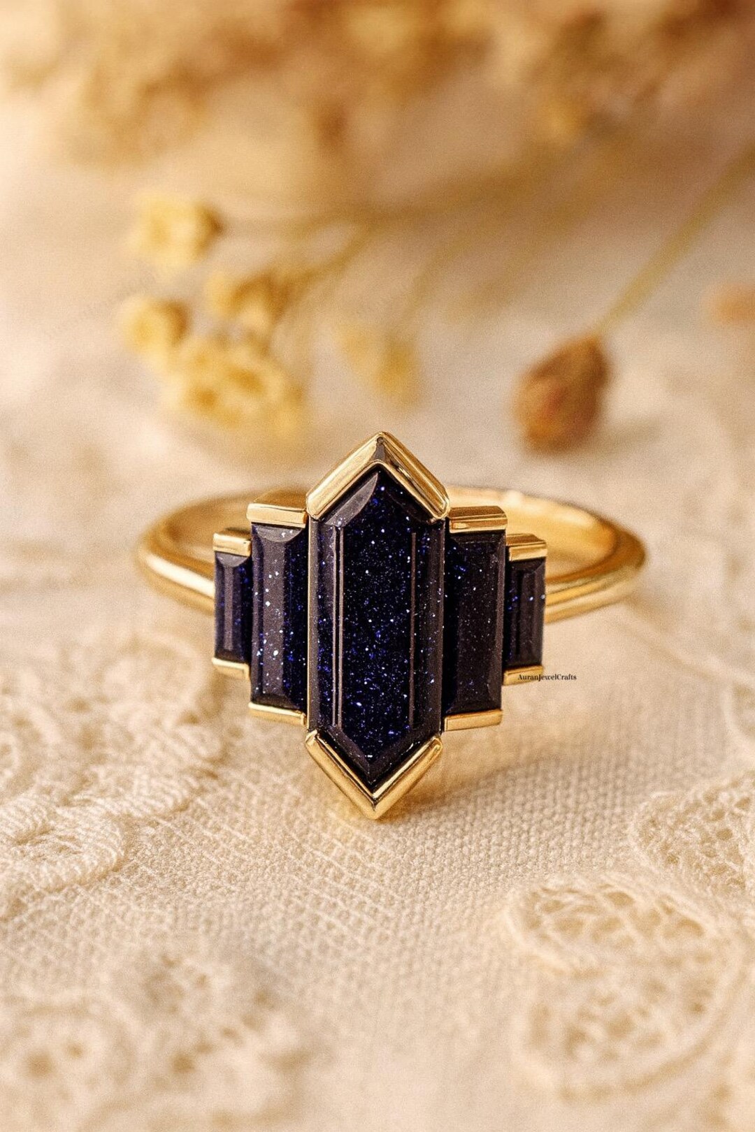 Blue Sandstone Ring, Hexagon Art Deco Gold Ring, Midnight Galaxy ...