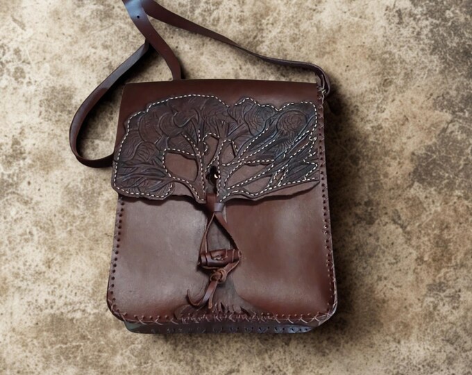 Handmade Genuine Leather Bag with Tree Design