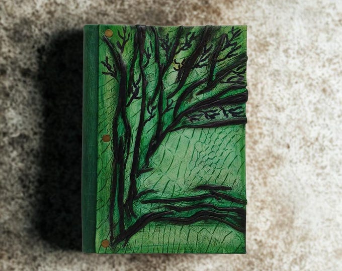 Handmade Green Leather Fantasy Journal – Embossed Tree of Life Nature-Inspired Diary