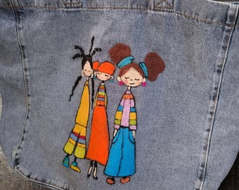 Handmade Denim Tote Bag with Felt Girls