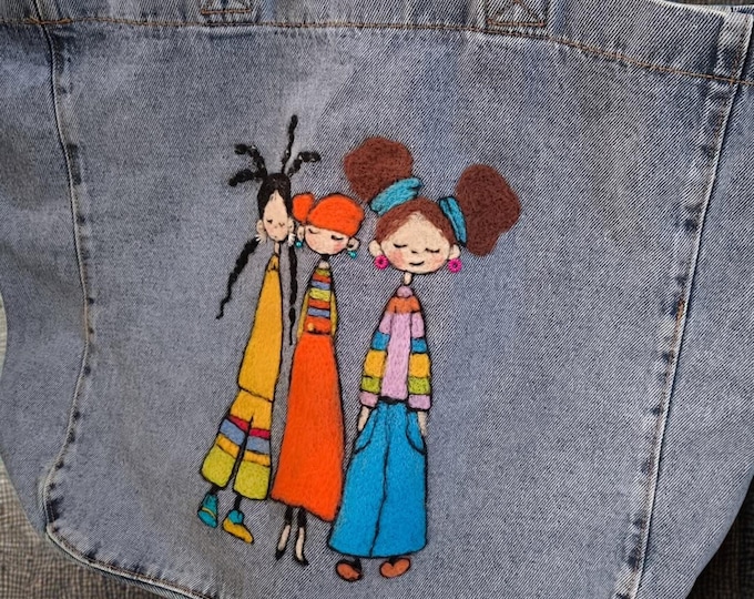 Handmade Denim Tote Bag with Felt Girls
