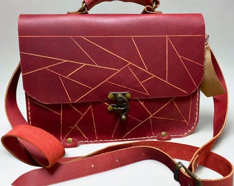 Handmade Red Leather Satchel – Geometric Engraved Bag – Genuine Leather Shoulder Bag – Crossbody Work & Everyday Purse