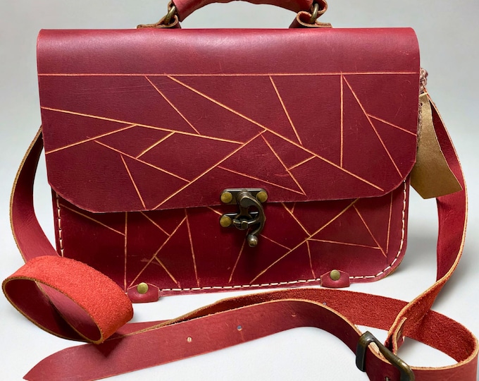 Handmade Red Leather Satchel – Geometric Engraved Bag – Genuine Leather Shoulder Bag – Crossbody Work & Everyday Purse