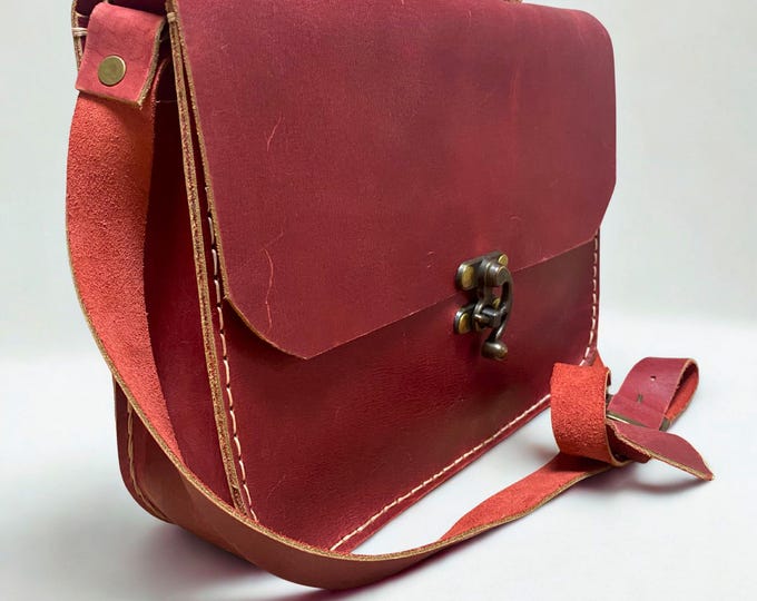 Handmade Red Leather Satchel Shoulder Bag Crossbody Purse