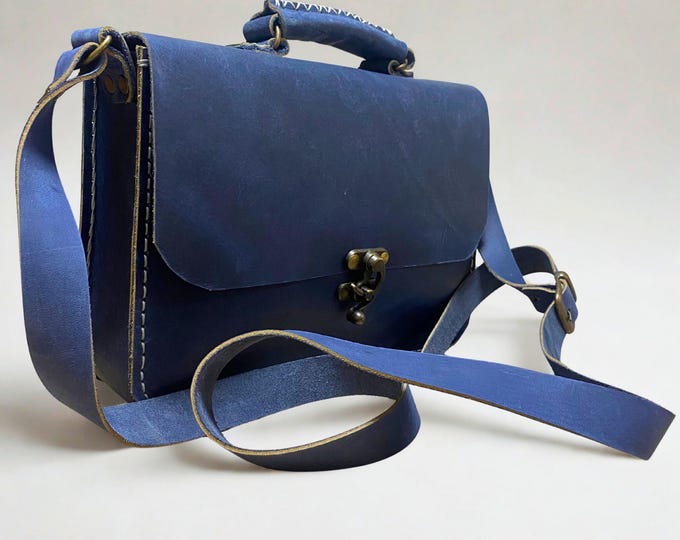 Handmade Blue Leather Satchel – Vintage Style Shoulder Bag – Crossbody & Handbag – Unisex Genuine Leather Purse