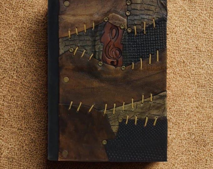 Handmade Leather Music Journal – Patchwork Sketchbook with Treble Clef Design – Unique Gift for Musicians