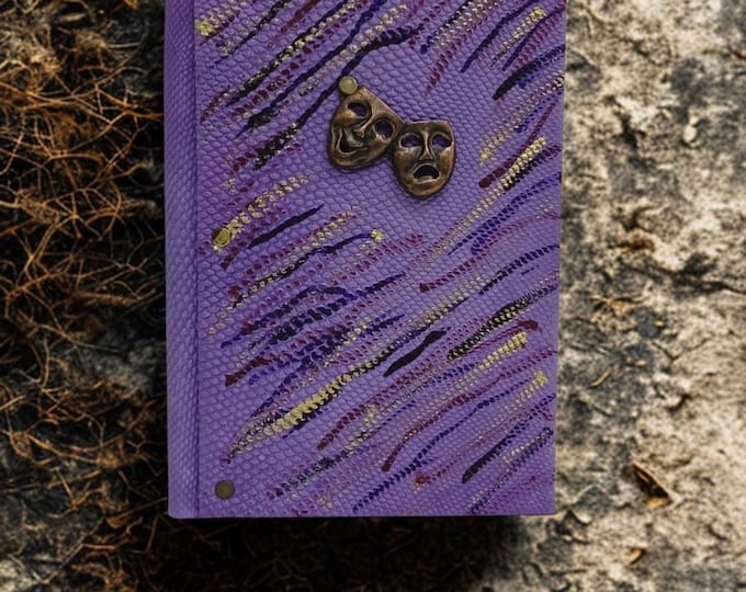 Theater Mask Leather Journal – Handmade Purple Notebook with Comedy Tragedy Design – Artistic Diary Gift