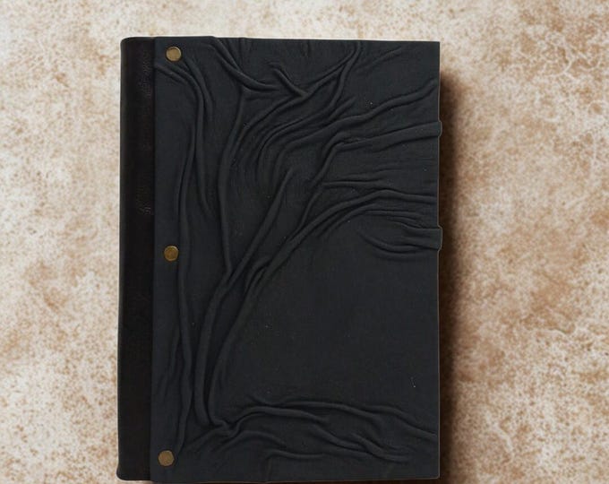Black Leather Journal with Embossed Tree – Handmade Minimalist Diary for Writers & Dreamers