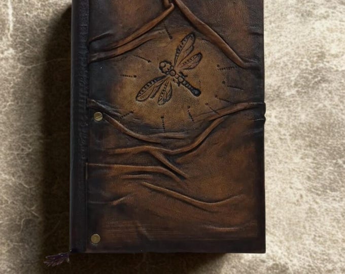Handmade Leather Dragonfly Journal – Handcrafted Spiritual Notebook for Transformation & Growth