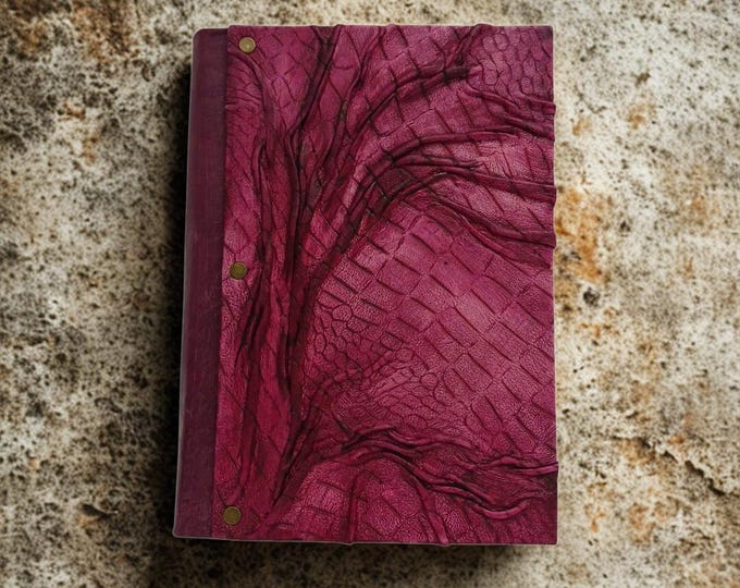 Handmade Burgundy Leather Journal with Abstract Tree Emboss – Artistic Sketchbook for Writers