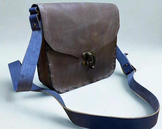 Handmade Genuine Leather Shoulder Bag – Brown & Blue Crossbody Satchel with Vintage Clasp