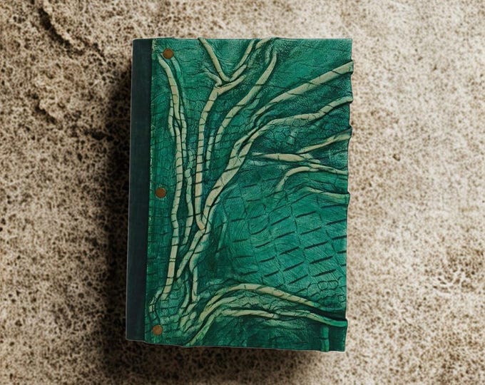 Handmade Sage Green Leather Journal – Embossed Roots of Earth Handmade Diary