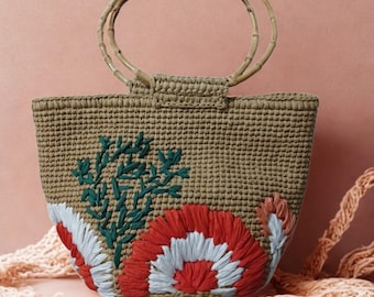 Handmade Straw Tote Bag with Bamboo Handles