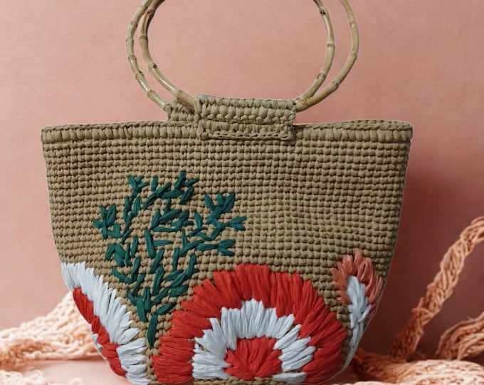 Handmade Straw Tote Bag with Bamboo Handles