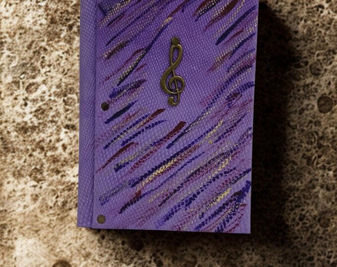 Handmade Purple Leather Journal with Treble Clef – Music Lover's Notebook, Artistic Gift