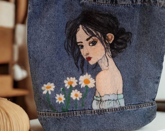 Handmade Denim Tote with Felt Girl & Daisies