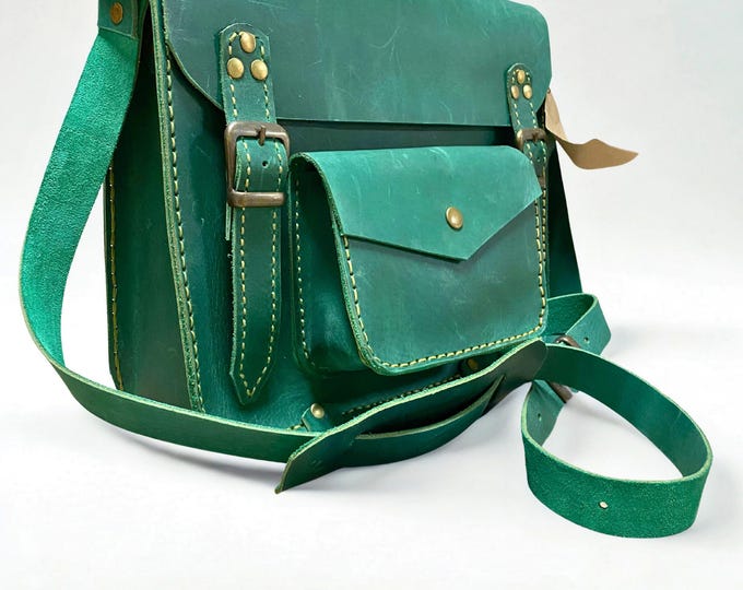 Handmade Green Leather Satchel – Crossbody Shoulder Bag – Unisex Vintage Purse