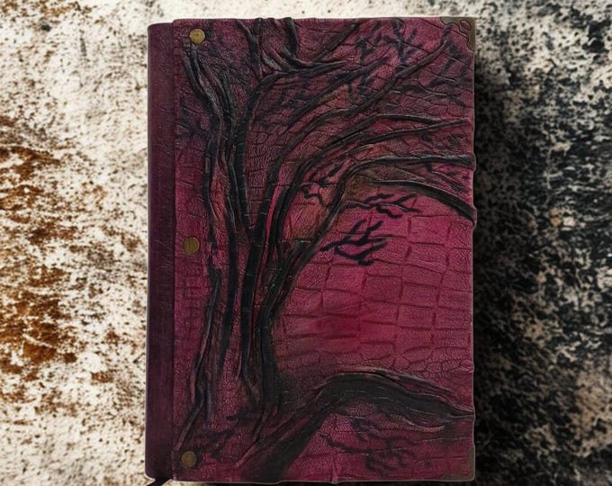 Handmade Burgundy Leather Journal with Tree Emboss – Gothic Nature-Inspired Notebook