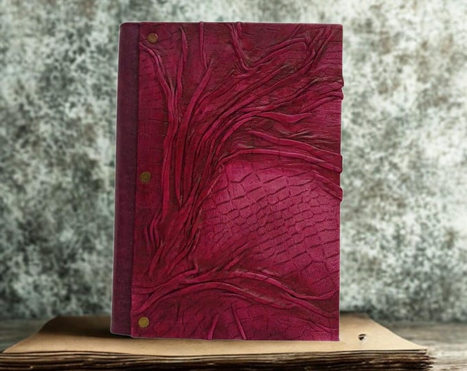 Handmade Leather Journal with Embossed Tree – Deep Burgundy Sketchbook for Nature Lovers