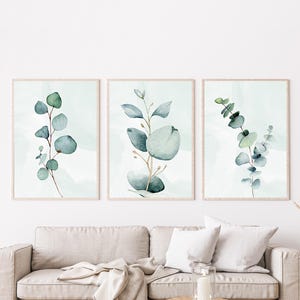 Watercolor Eucalyptus Wall Art Set of 3 | Botanical Leaf Prints | Minimal Boho Greenery Decor for Bedroom or Bathroom