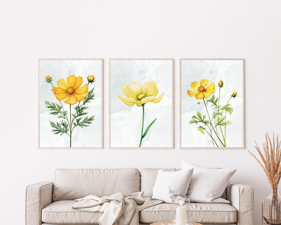 Yellow Flower Wall Art Set of 3 | Printable Botanical Floral Prints ...