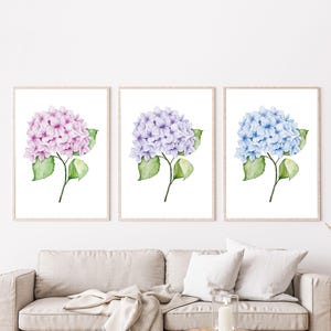 Hortensie Wandkunst 3er Set | Pastell Aquarell Drucke | Druckbare florale Kunst für Schlafzimmer oder Cottage Kern Dekor