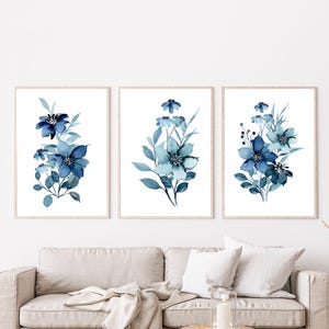 Blue Floral Wall Art Set of 3 | Watercolor Flower Prints | Botanical Art Prints | Modern Blue Wall Decor for Living Room or Bedroom