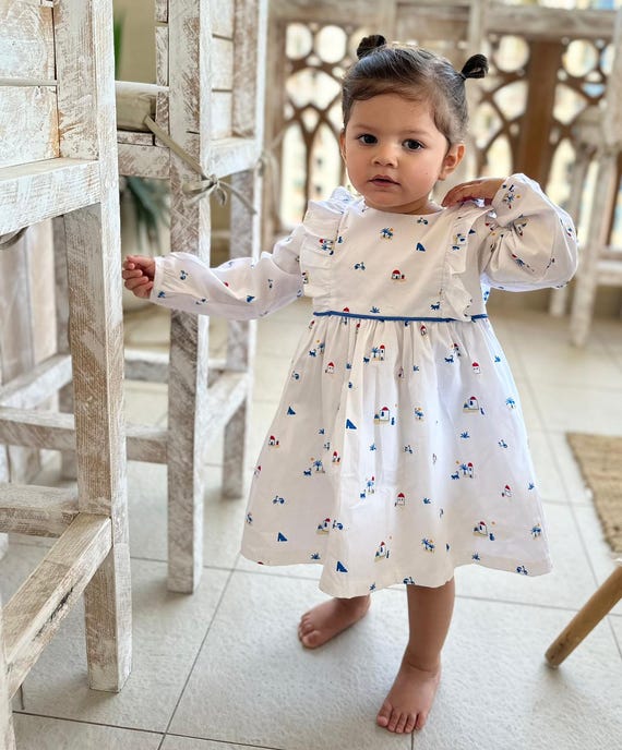 GOTS Certified Organic Cotton Long Sleeve Dress for Girls White