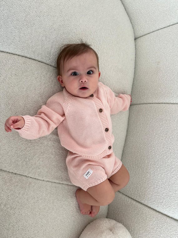 Organic Cotton Baby Knit Set: Pink Cardigan Shorts, Bamboo