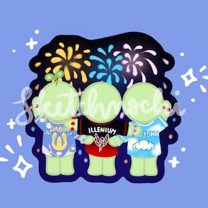 May include: Illustration of three green figures holding hands, wearing different shirts with text and designs. Fireworks burst above them against a blue background, with stars scattered around the figures. The shirts have the text "Dabin", "Illenium", and "Desky".