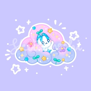 May include: A whimsical illustration of a white creature with blue hair, nestled in a pastel cloud. The cloud is adorned with stars, flowers, and sparkles, set against a light purple background. The artwork has a cute, dreamy aesthetic.