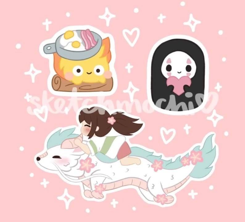 May include: A set of three cartoon stickers on a pink background. One sticker features a smiling flame with a pan of food, another a character holding a heart, and the last shows a girl riding a white dragon. The stickers have a cute, whimsical style.