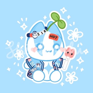 May include: A white and light blue cartoon creature wearing a blue patterned kimono, a green sprout on its head, and a headband with the text SIB. It holds a pink tulip-shaped light stick, surrounded by white sparkles and flower outlines.