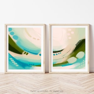 Neutral Blue Green Abstract Beach Wall Art, Gallery Wall Set of 2 Fine Art Prints on Paper or Stretched Canvas, “Caribbean Sea” Print Set