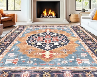 ブルーとオレンジのトルコ絨毯：柔らかなボヘミアン風ヴィンテージ風