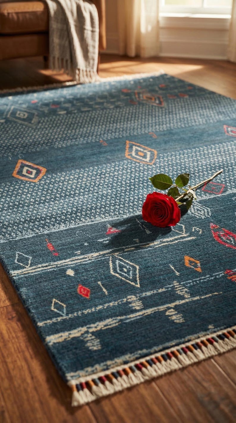 May include: A blue rectangular rug with geometric patterns in white, orange, and red. A red rose rests on the rug. The rug has a fringed edge and is on a wooden floor. The rug's dimensions are in centimetres.