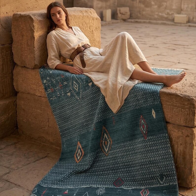 May include: A teal and blue patterned rug with diamond and geometric designs. The rug is rectangular and has a border. The rug is made of a soft material and is suitable for indoor use. The rug is placed on a stone surface.