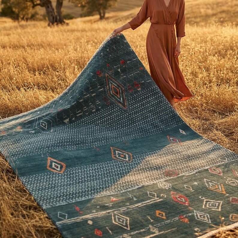 Luxury Tencel Handwoven Rug, Hancrafted Navy Oriental Carpet image 6