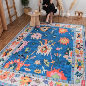 Blue Oushak Area Rug, Eclectic Living Room Accent, Unique Turkish Rug, Vibrant Blue Large Carpet, Custom Artistic Rug with Floral