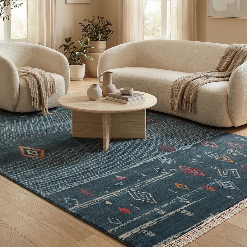 Luxury Tencel Handwoven Rug, Hancrafted Navy Oriental Carpet image 4