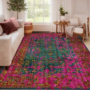 Bohemian Pink and Turquoise Rug, Artistic Teal Carpet, Oriental Area Rug, Boho Chic Carpet for Modern, Farmhouse, or Maximalist Decor