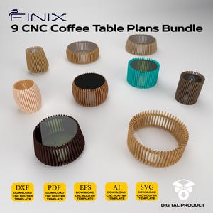 Könnte beinhalten: Neun CNC-Kaffeetisch-Pläne in verschiedenen Designs und Farben, darunter Braun, Türkis und Naturholztöne. Das Bild enthält den Text "9 CNC Coffee Table Plans Bundle" sowie Dateityp-Symbole für DXF, PDF, EPS, AI und SVG-Formate. Der Text "Digital Product" ist ebenfalls enthalten.
