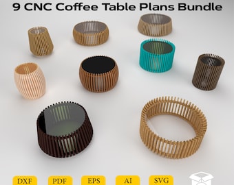 Mesa de centro paramétrica con diseño de banda – 9 diseños de muebles digitales (archivos DXF, SVG y PDF) – Mesa de centro de madera ondulada, madera moderna