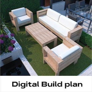 May include: A light wood outdoor furniture set with white cushions. The set includes a two-seater sofa, two armchairs, and a rectangular coffee table. The furniture is on a green lawn. The text "Digital Build plan" is at the bottom.